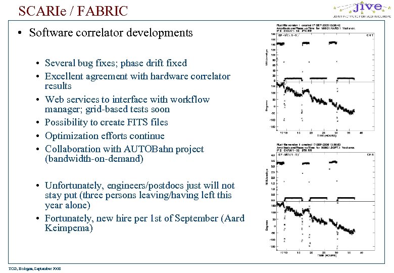SCARIe / FABRIC • Software correlator developments • Several bug fixes; phase drift fixed