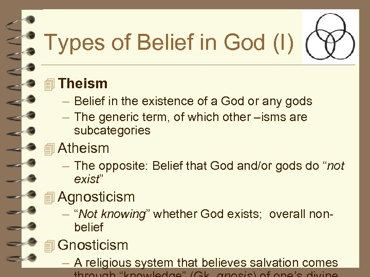 Types of Belief in God (I) 4 Theism – Belief in the existence of