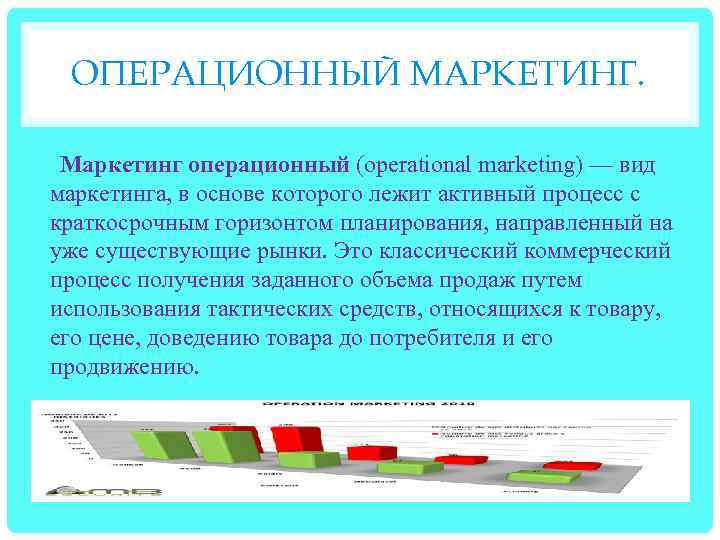 ОПЕРАЦИОННЫЙ МАРКЕТИНГ. Маркетинг операционный (operational marketing) — вид маркетинга, в основе которого лежит активный