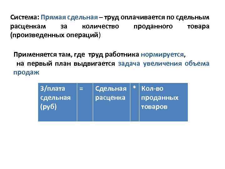 Система: Прямая сдельная – труд оплачивается по сдельным расценкам за количество проданного товара (произведенных