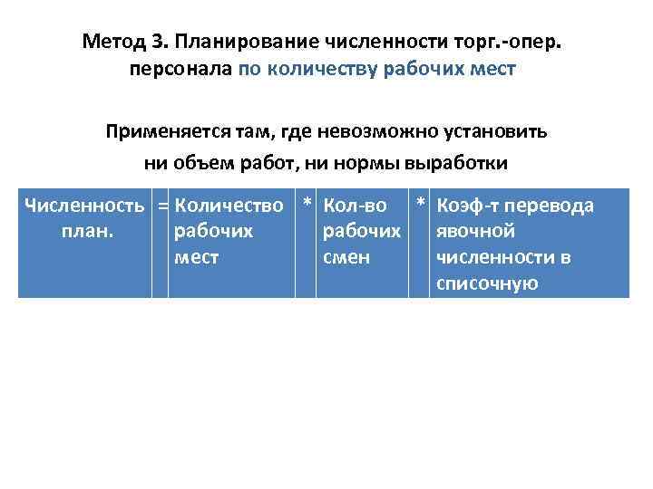 Метод 3. Планирование численности торг. -опер. персонала по количеству рабочих мест Применяется там, где