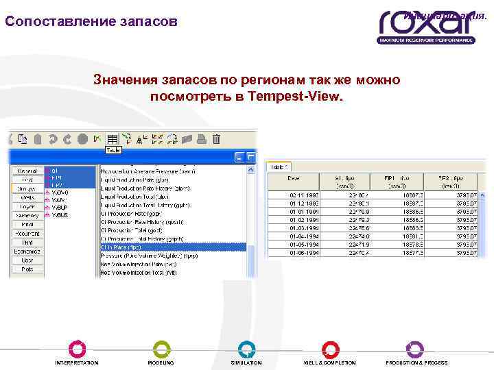 Инициализация. Сопоставление запасов Значения запасов по регионам так же можно посмотреть в Tempest-View. INTERPRETATION