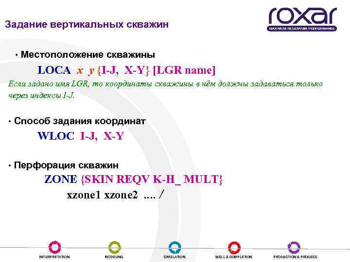 Задание вертикальных скважин • Местоположение скважины LOCA x y {I-J, X-Y} [LGR name] Если