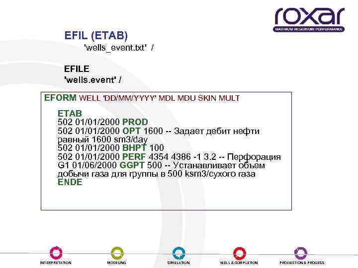 EFIL (ETAB) 'wells_event. txt' / EFILE 'wells. event' / EFORM WELL 'DD/MM/YYYY' MDL MDU