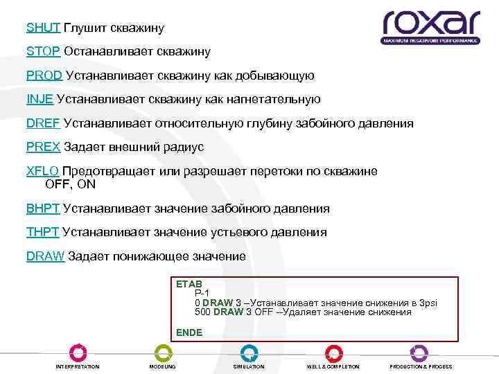 SHUT Глушит скважину STOP Останавливает скважину PROD Устанавливает скважину как добывающую INJE Устанавливает скважину