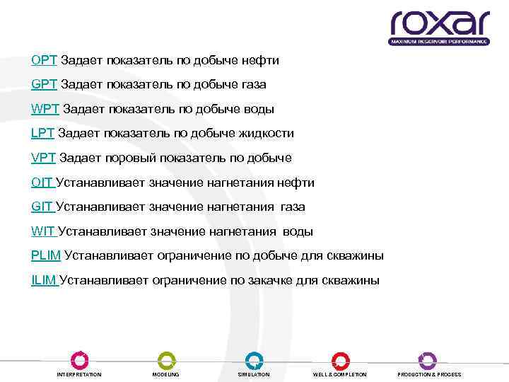 OPT Задает показатель по добыче нефти GPT Задает показатель по добыче газа WPT Задает