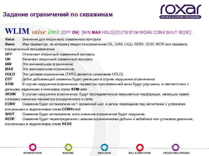 Задание ограничений по скважинам WLIM value limit {OFF ON} {MIN MAX HOLD}{CUTB STIM WORK