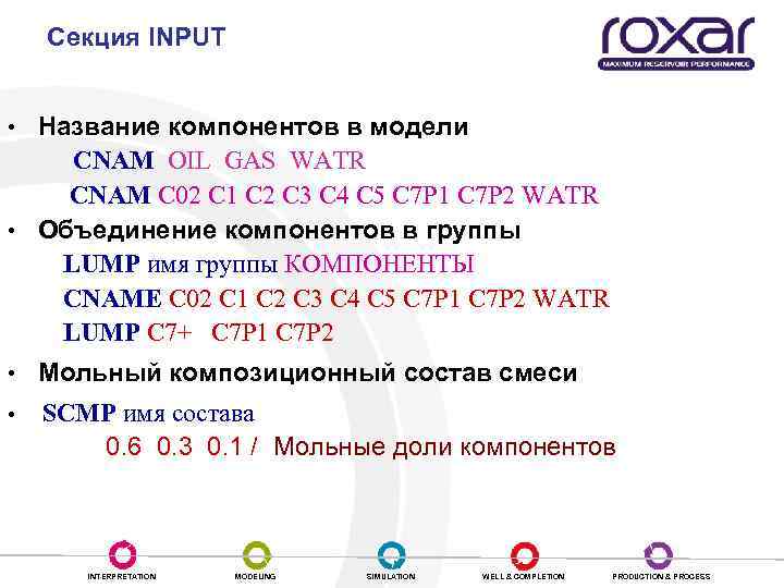 Секция INPUT • Название компонентов в модели CNAM OIL GAS WATR CNAM C 02