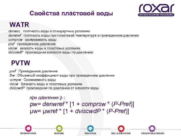 Свойства пластовой воды WATR denwsc плотность воды в стандартных условиях denwref плотность воды при
