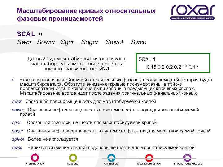 Масштабирование кривых относительных фазовых проницаемостей SCAL n Swcr Sowcr Sgcr Sogcr Spivot Swco Данный