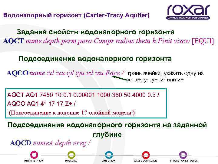 Водонапорный горизонт (Carter-Tracy Aquifer) Задание свойств водонапорного горизонта AQCT name depth perm poro Compr