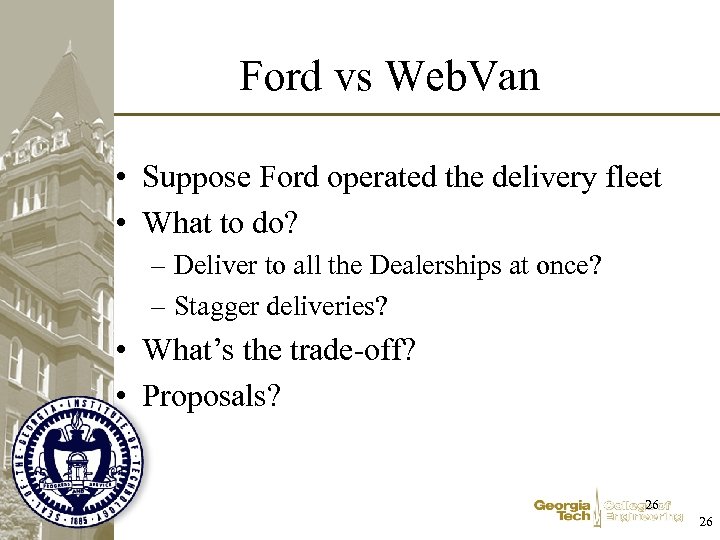 Ford vs Web. Van • Suppose Ford operated the delivery fleet • What to