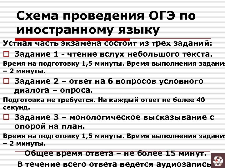 Схема проведения ОГЭ по иностранному языку Устная часть экзамена состоит из трех заданий: o