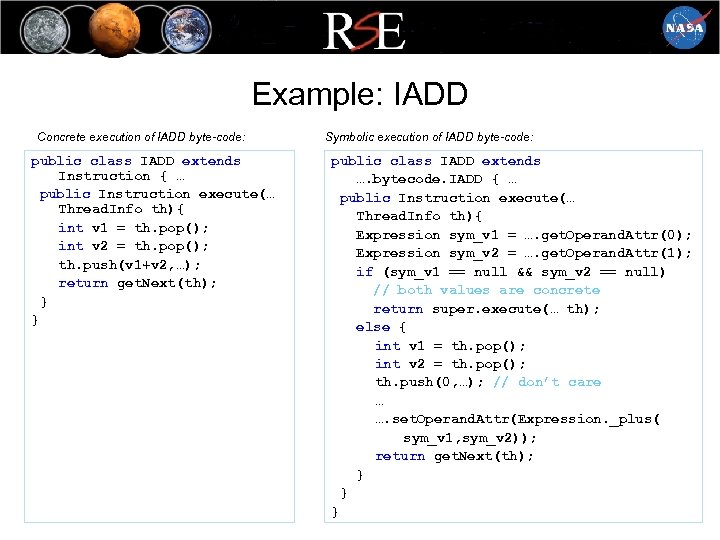 Example: IADD Concrete execution of IADD byte-code: public class IADD extends Instruction { …