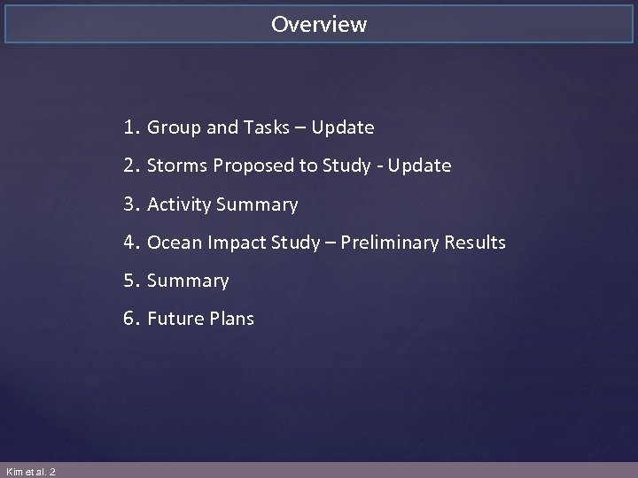 Overview 1. Group and Tasks – Update 2. Storms Proposed to Study - Update