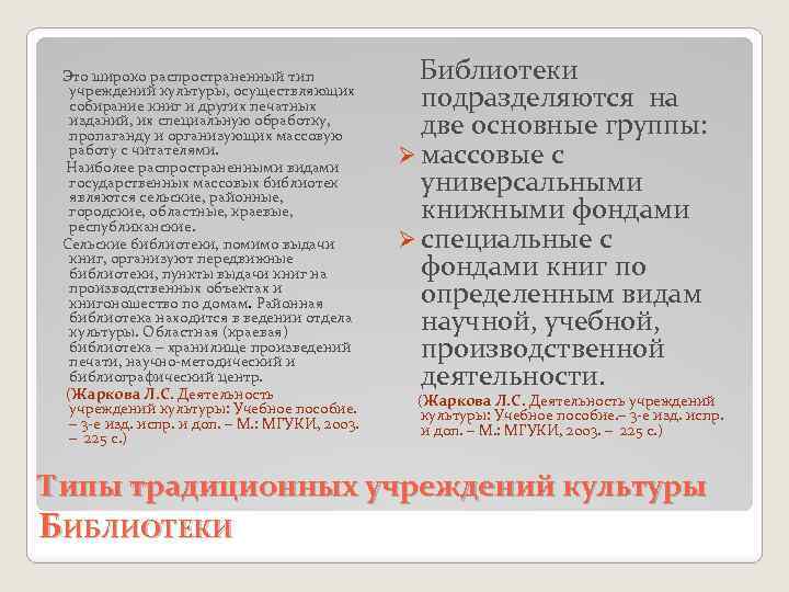  Это широко распространенный тип учреждений культуры, осуществляющих собирание книг и других печатных изданий,