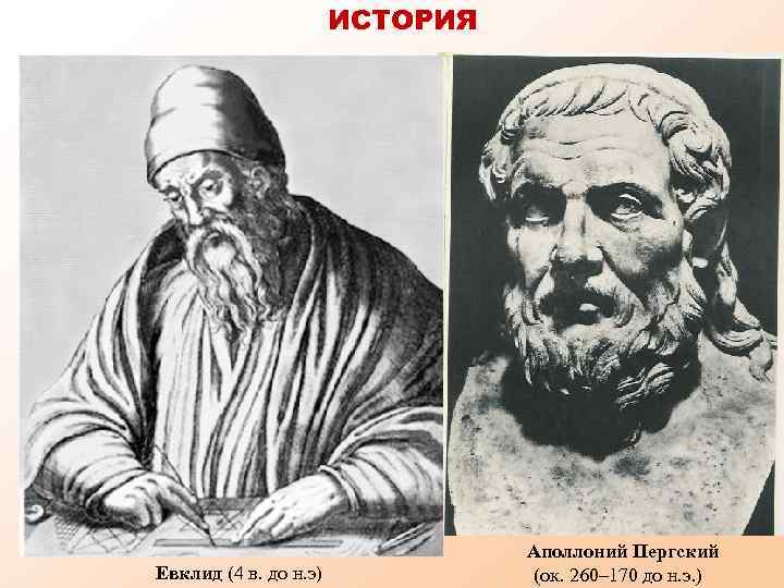 ИСТОРИЯ Евклид (4 в. до н. э) Аполлоний Пергский (ок. 260– 170 до н.
