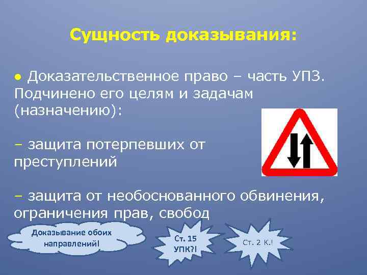 Сущность доказывания: ● Доказательственное право ‒ часть УПЗ. Подчинено его целям и задачам (назначению):