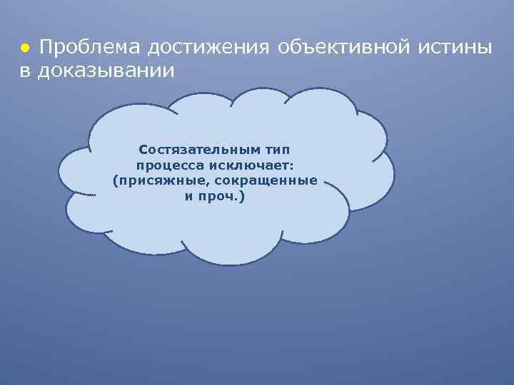 ● Проблема достижения объективной истины в доказывании Состязательным тип процесса исключает: (присяжные, сокращенные и