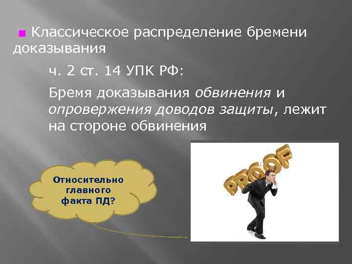 ■ Классическое распределение бремени доказывания ч. 2 ст. 14 УПК РФ: Бремя доказывания обвинения