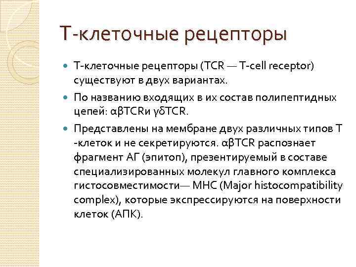 Т-клеточные рецепторы (TCR — T-cell receptor) существуют в двух вариантах. По названию входящих в