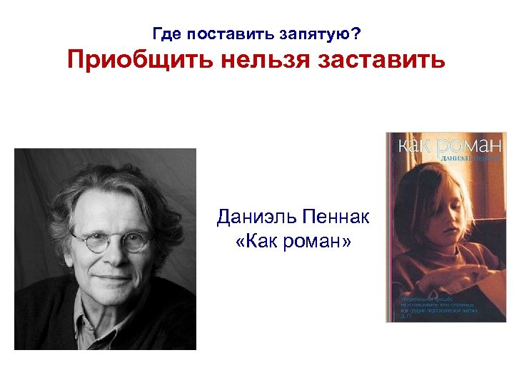 Где поставить запятую? Приобщить нельзя заставить Даниэль Пеннак «Как роман» 