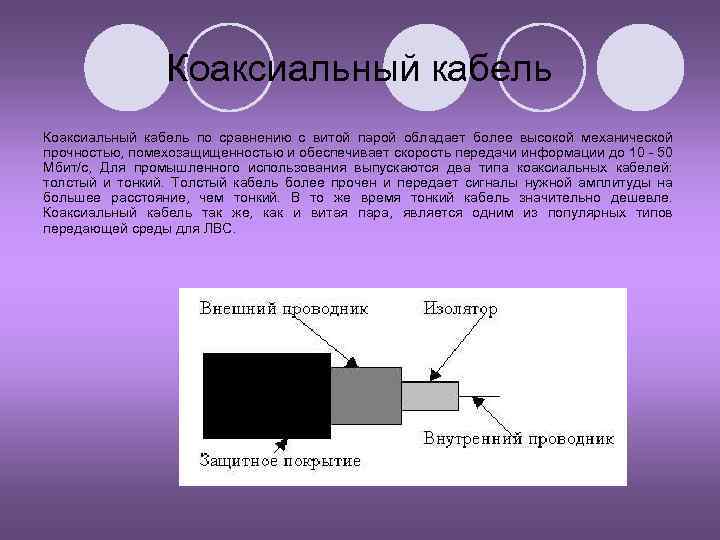 Коаксиальный кабель по сравнению с витой парой обладает более высокой механической прочностью, помехозащищенностью и