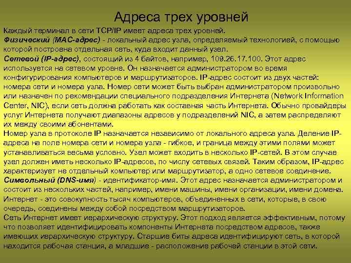 Адреса трех уровней Каждый терминал в сети TCP/IP имеет адреса трех уровней. Физический (МАС-адрес)