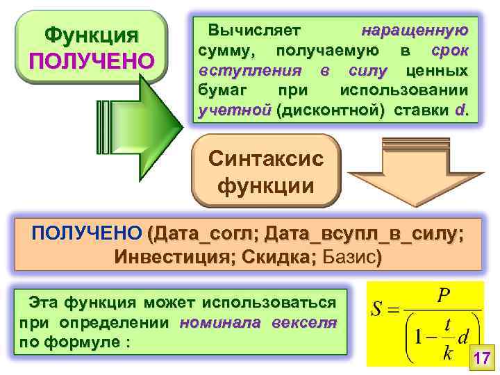 Функция ПОЛУЧЕНО Вычисляет наращенную сумму, получаемую в срок вступления в силу ценных бумаг при