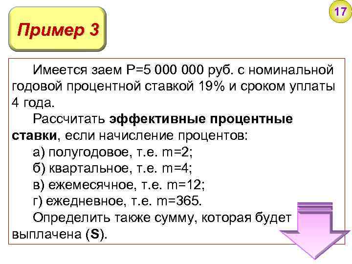 17 Пример 3 Имеется заем P=5 000 руб. с номинальной годовой процентной ставкой 19%