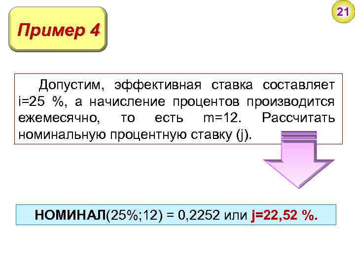 21 Пример 4 Допустим, эффективная ставка составляет i=25 %, а начисление процентов производится ежемесячно,