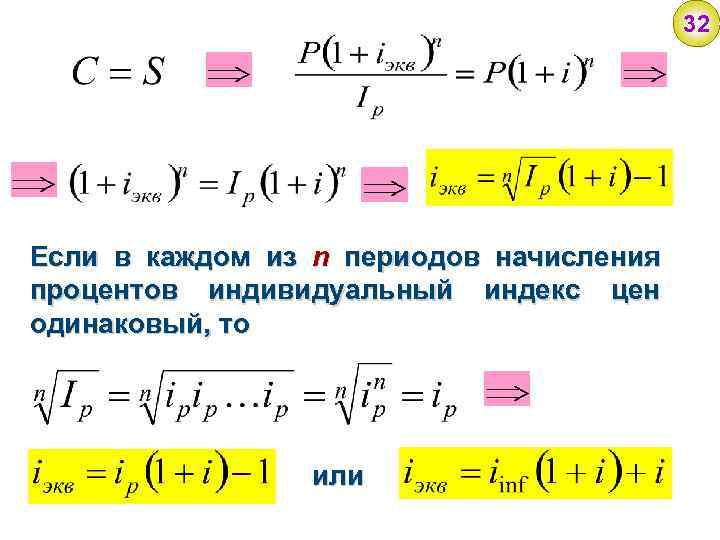 32 Если в каждом из n периодов начисления процентов индивидуальный индекс цен одинаковый, то