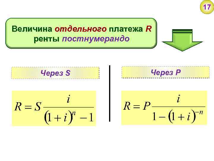17 Величина отдельного платежа R ренты постнумерандо Через S Через P 