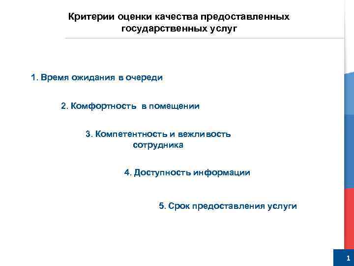 Критерии оценки качества предоставленных государственных услуг 1. Время ожидания в очереди 2. Комфортность в