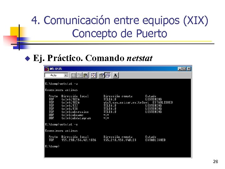4. Comunicación entre equipos (XIX) Concepto de Puerto u Ej. Práctico. Comando netstat 28