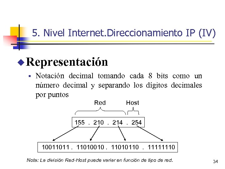 5. Nivel Internet. Direccionamiento IP (IV) u Representación § Notación decimal tomando cada 8