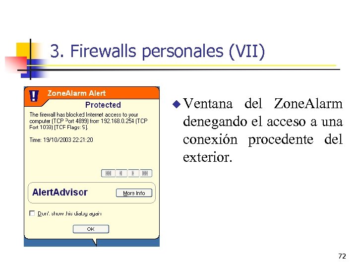 3. Firewalls personales (VII) u Ventana del Zone. Alarm denegando el acceso a una