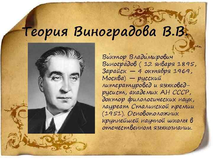 Теория Виноградова В. В. Ви ктор Влади мирович Виногра дов ( 12 января 1895,