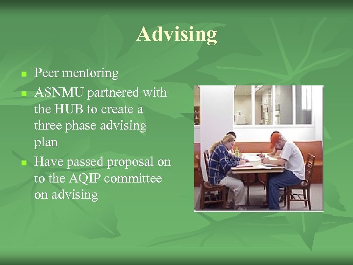 Advising n n n Peer mentoring ASNMU partnered with the HUB to create a