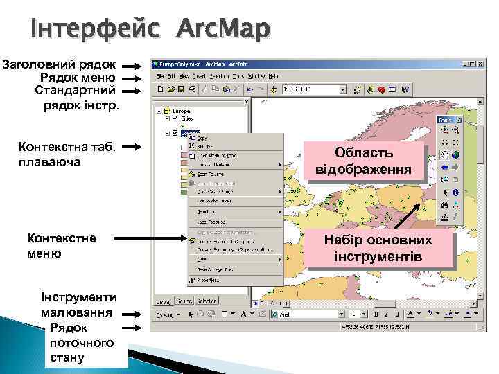 Інтерфейс Arc. Map Заголовний рядок Рядок меню Стандартний рядок інстр. Контекстна таб. плаваюча Контекстне