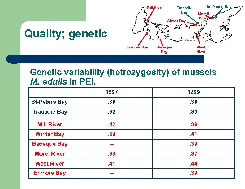 Mill River St. Peters Bay Tracadie Bay Morell River Winter Bay Quality; genetic Enmore