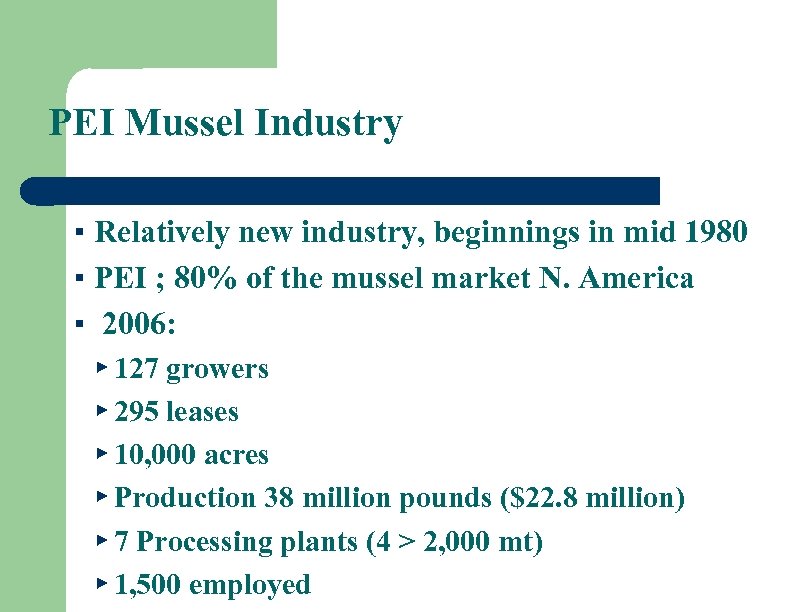 PEI Mussel Industry ▪ Relatively new industry, beginnings in mid 1980 ▪ PEI ;