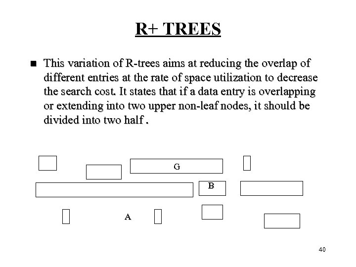 R+ TREES n This variation of R-trees aims at reducing the overlap of different