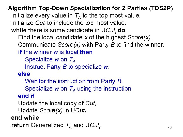 Algorithm Top-Down Specialization for 2 Parties (TDS 2 P) Initialize every value in TA