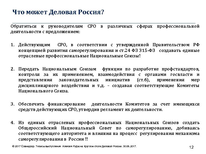 Что может Деловая Россия? ____________________________________ Обратиться к руководителям СРО в различных сферах профессиональной деятельности