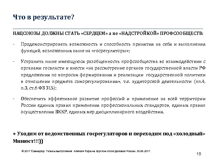 Что в результате? ____________________________________ НАЦСОЮЗЫ ДОЛЖНЫ СТАТЬ «СЕРДЦЕМ» а не «НАДСТРОЙКОЙ» ПРОФСООБЩЕСТВ: - Продемонстрировать