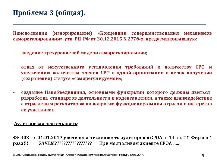 Проблема 3 (общая). ____________________________________ Неисполнение (игнорирование) «Концепции совершенствования механизмов саморегулирования» , утв. РП РФ