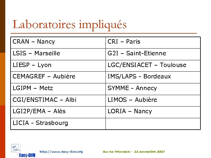 Laboratoires impliqués CRAN – Nancy CRI – Paris LSIS – Marseille G 2 I