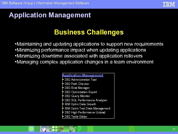 IBM Software Group | Information Management Software Application Management Business Challenges • Maintaining and