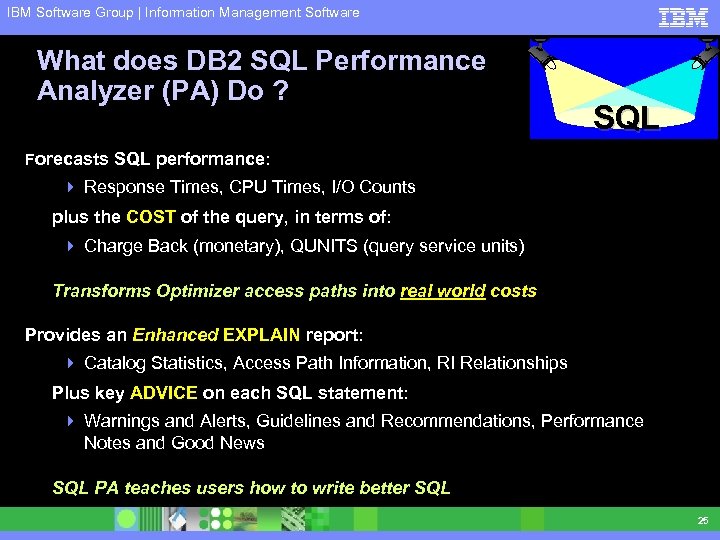 IBM Software Group | Information Management Software What does DB 2 SQL Performance Analyzer